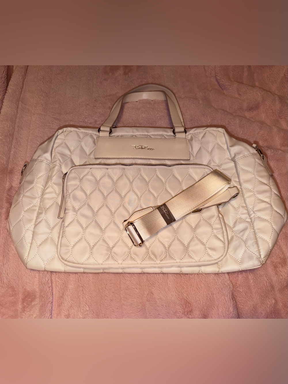 Bella Russo Ivory Quilted Weekender Duffel Travel Gym Bag Shoulder Strap